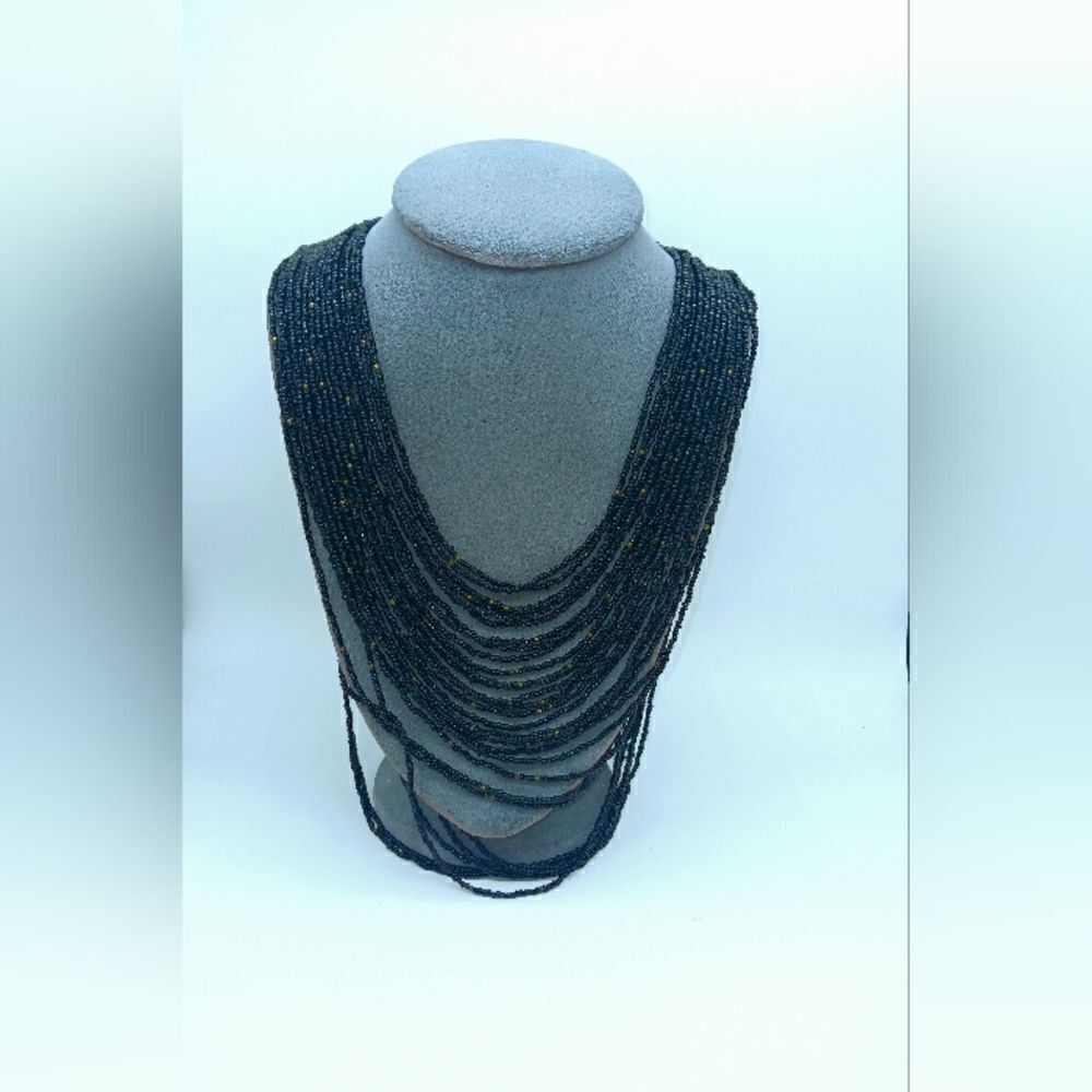 Glass Black Layered Sead Bead Necklace Vintage Brass Clasp 